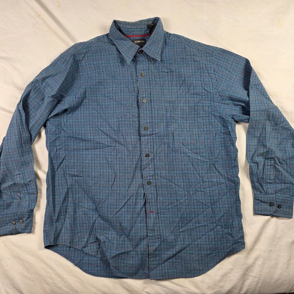 St. Johns Bay Mens Large Blue Long Sleeve Button Up Shirt Plaid Casual Outdoors